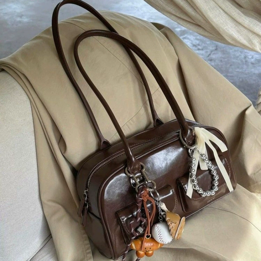 Autumn and winter women's new large-capacity Korean brown vintage bowling handbag with top handle and shoulder strap
